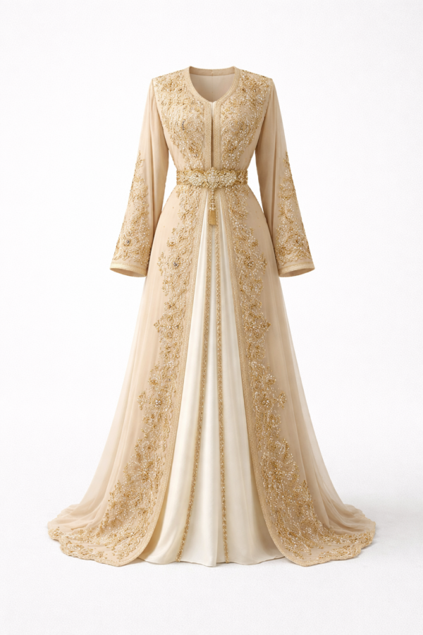 Takchita marocaine élégante en ivoire et or